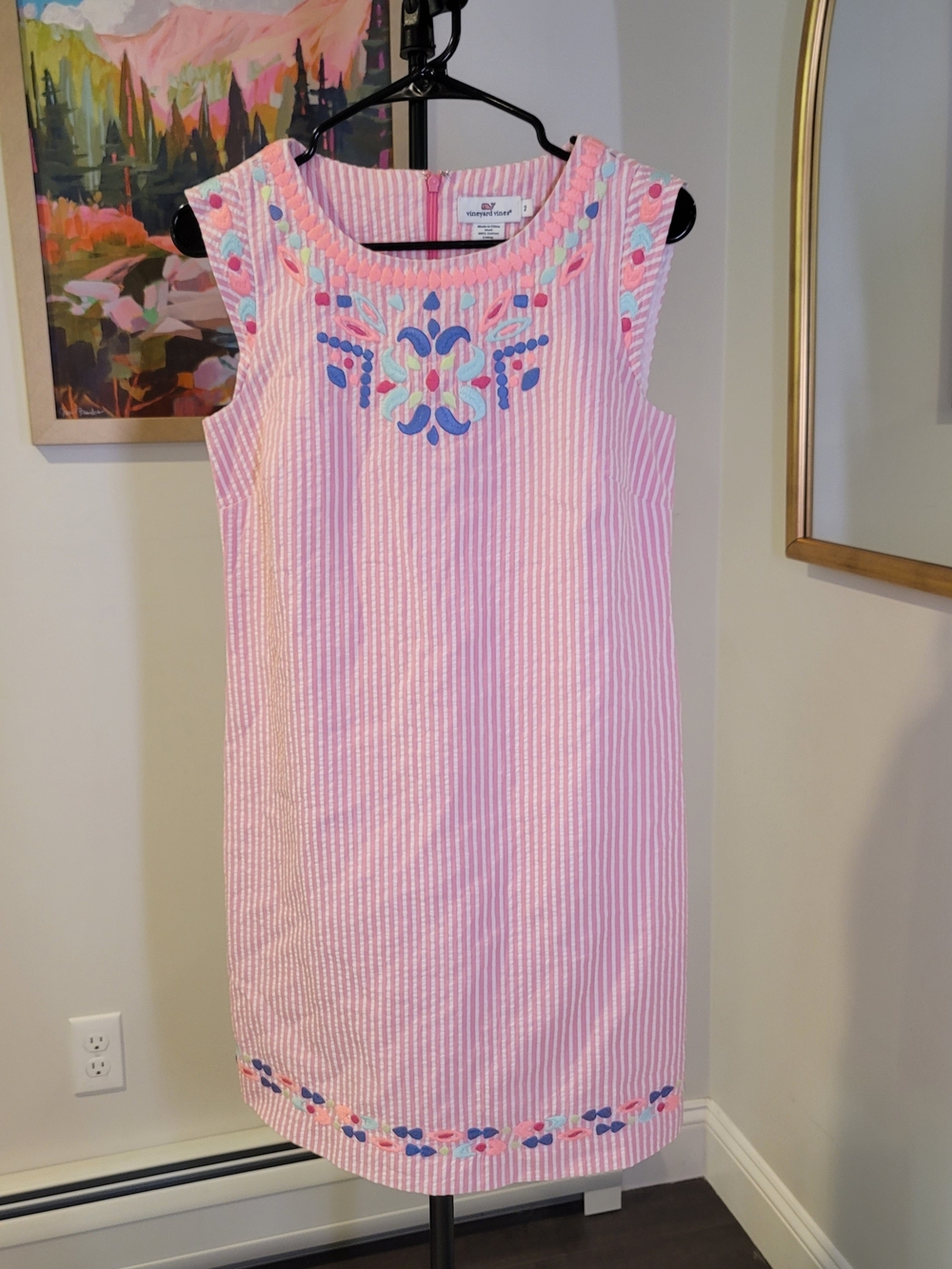 VINEYARD VINES Embroidered Seersucker Cotton Sleeveless Shift Dress Preppy Sz 2